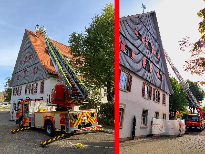 Ein Rathaus und eine Feuerwehr-Drehleiter