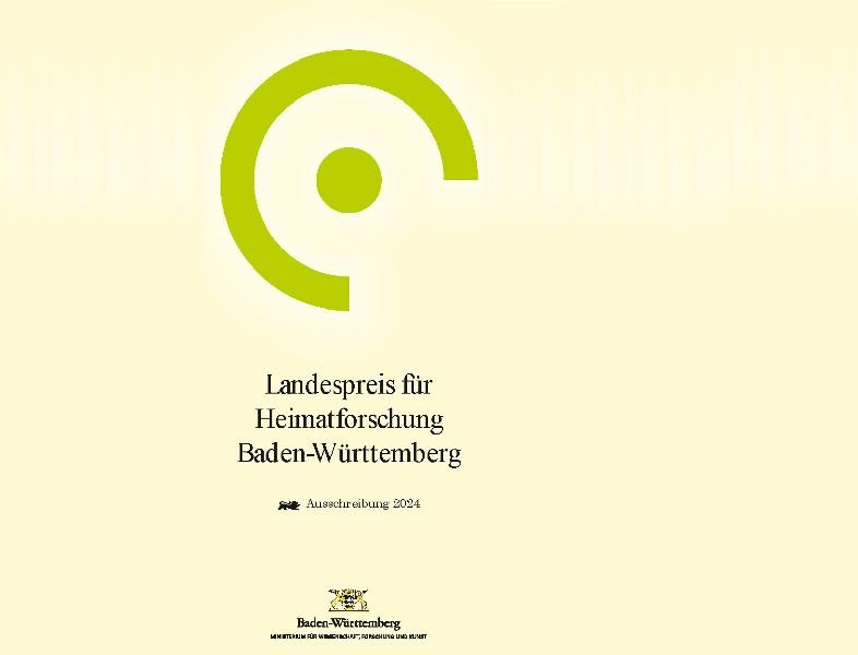 Ein gelber Hintergrund, das Logo und der Schriftzug "Landespreis für Heimatforschung Baden-Württemberg" im 