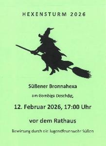 Hexensturm 2026 Ein Plakat, das auf den Hexensturm 2026 hinweist. Eine Grafik einer schwarzen Hexe auf einem Besen reitend und dazu die Daten des Hexensturms.